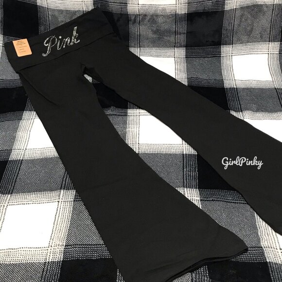 victoria secret PINK flared BLACK foldover leggings BLING LOGO SIZES XS-XXL - Picture 6 of 8